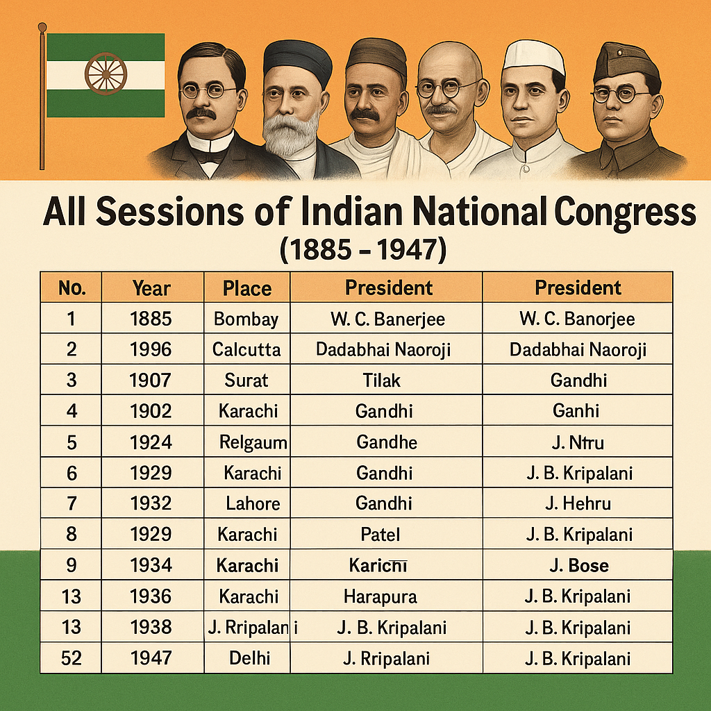 All Sessions of Indian National Congress (1885–1947